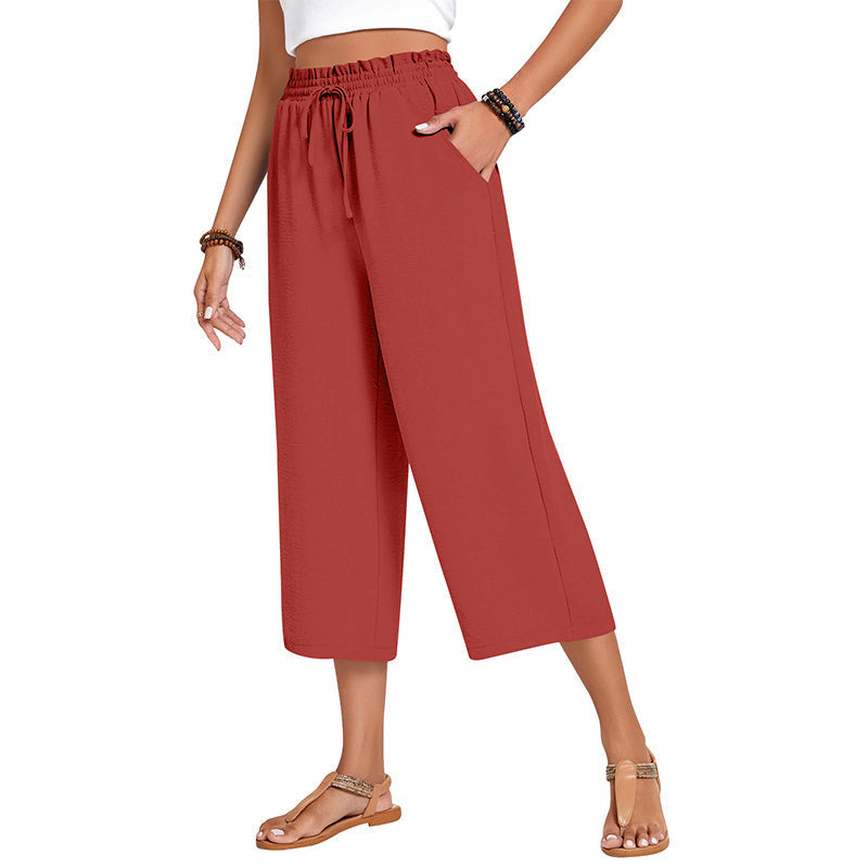 Pantalon capri large en coton et lin pour femme