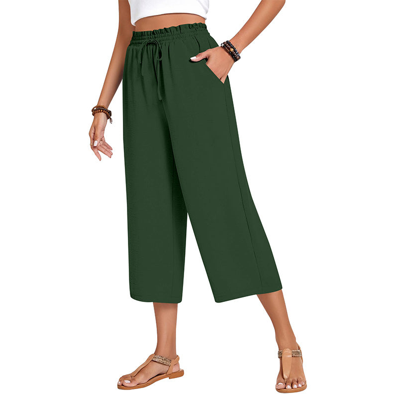 Pantalon capri large en coton et lin pour femme