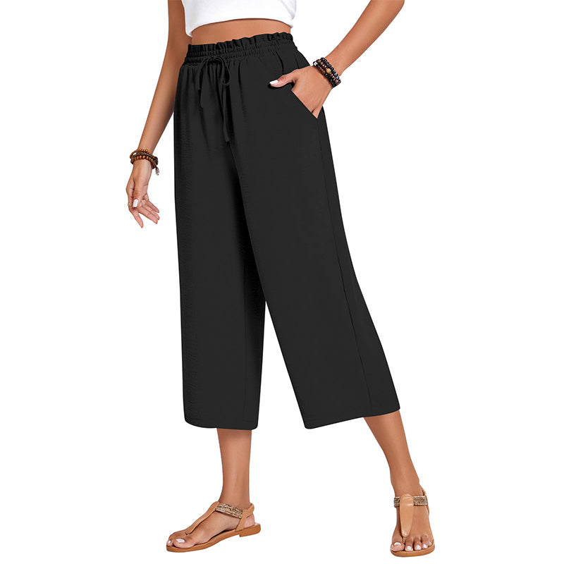 Pantalon capri large en coton et lin pour femme