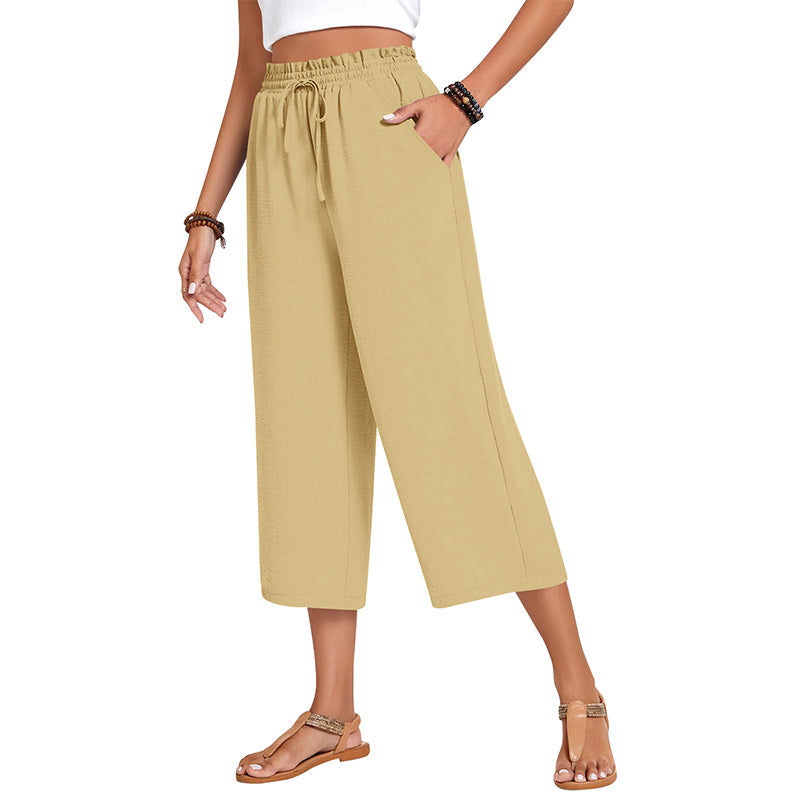 Pantalon capri large en coton et lin pour femme