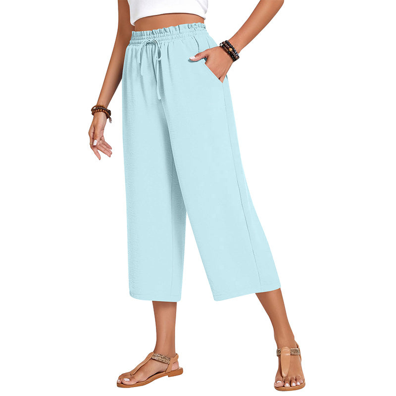 Pantalon capri large en coton et lin pour femme