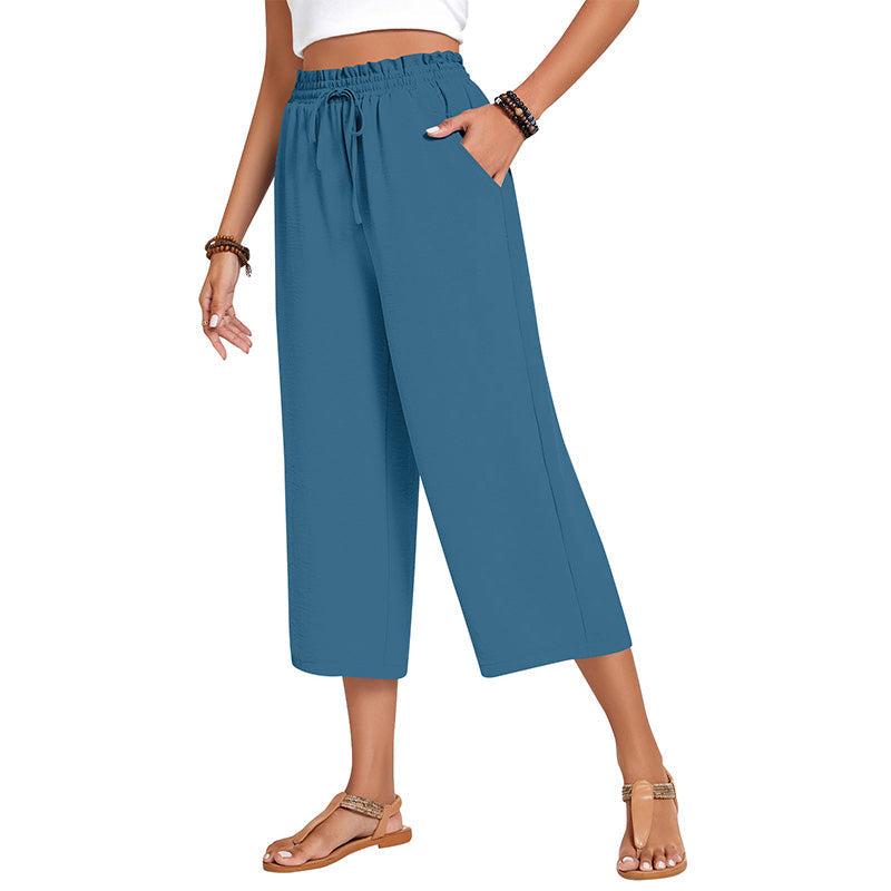 Pantalon capri large en coton et lin pour femme