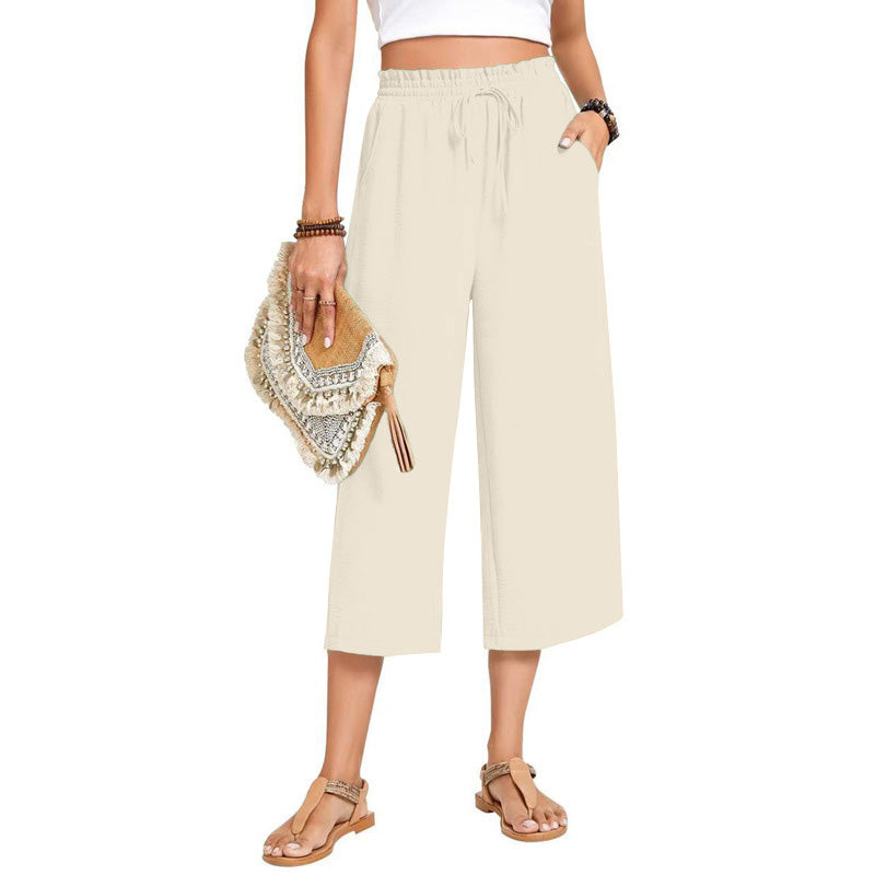 Pantalon capri large en coton et lin pour femme