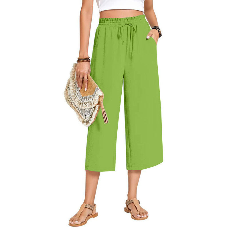 Pantalon capri large en coton et lin pour femme