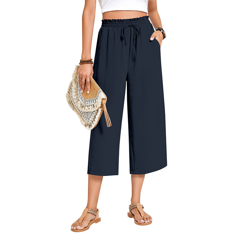 Pantalon capri large en coton et lin pour femme