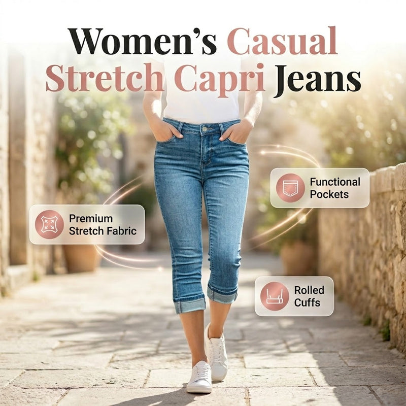 Jean capri décontracté à taille haute et extensible pour femme+