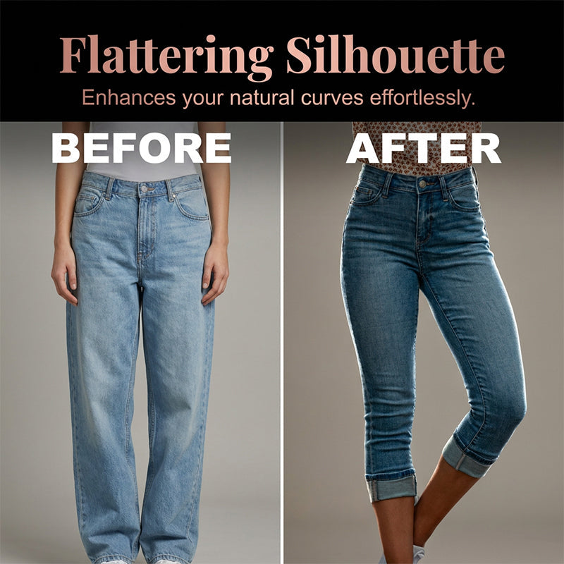 Jean capri décontracté à taille haute et extensible pour femme+