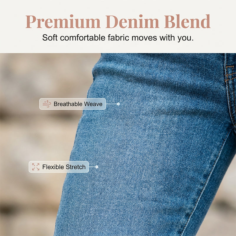 Jean capri décontracté à taille haute et extensible pour femme+