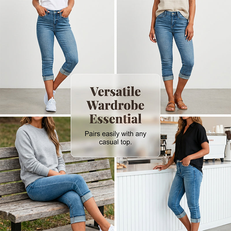 Jean capri décontracté à taille haute et extensible pour femme+
