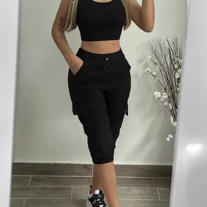 Pantalon skinny court à cordon de serrage et ourlet roulé pour femme