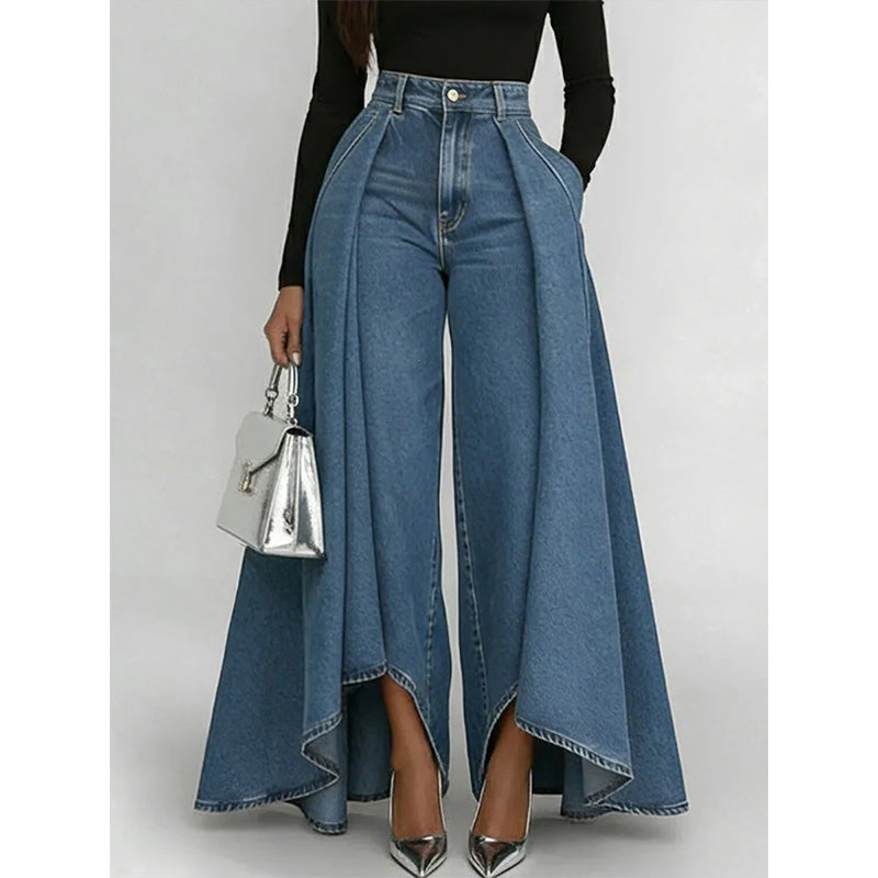 👖 Jean femme taille haute à jambes larges et ourlet asymétrique – look moderne, flatteur et facile à assortir