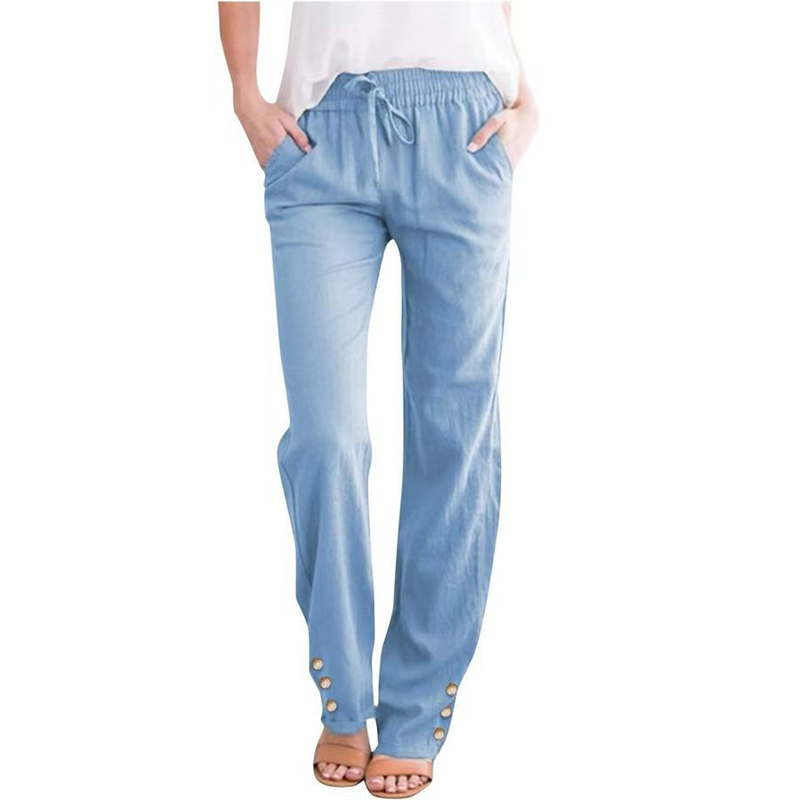 Pantalon ample à jambes larges en coton et lin pour femme, avec cordon de serrage
