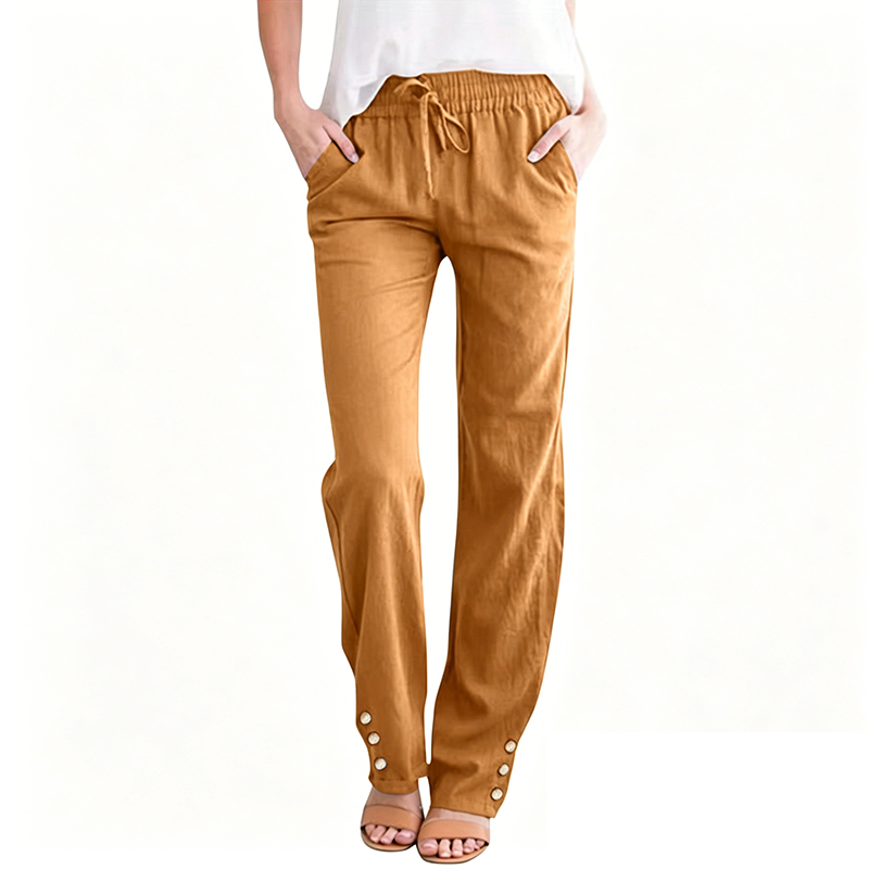 Pantalon ample à jambes larges en coton et lin pour femme, avec cordon de serrage