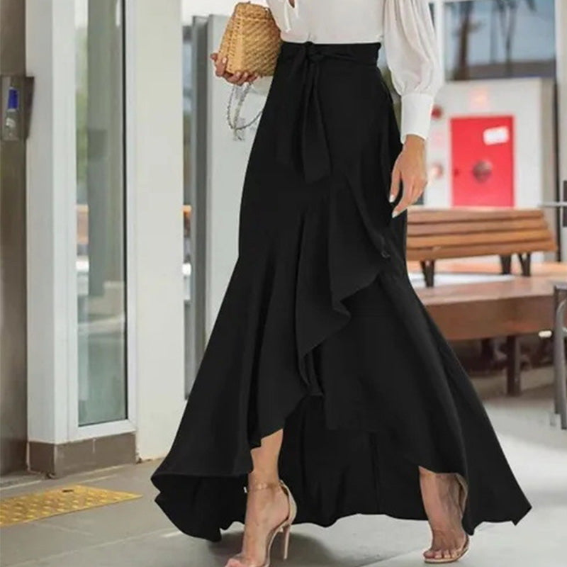 Jupe longue femme taille haute asymétrique à volants