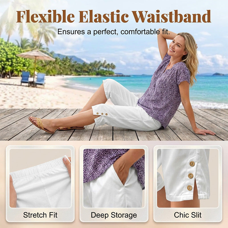 ☀️Pantalon d'été 3/4 pour femme avec détails boutonnés✨Frais, confortable et avec des poches vraiment pratiques