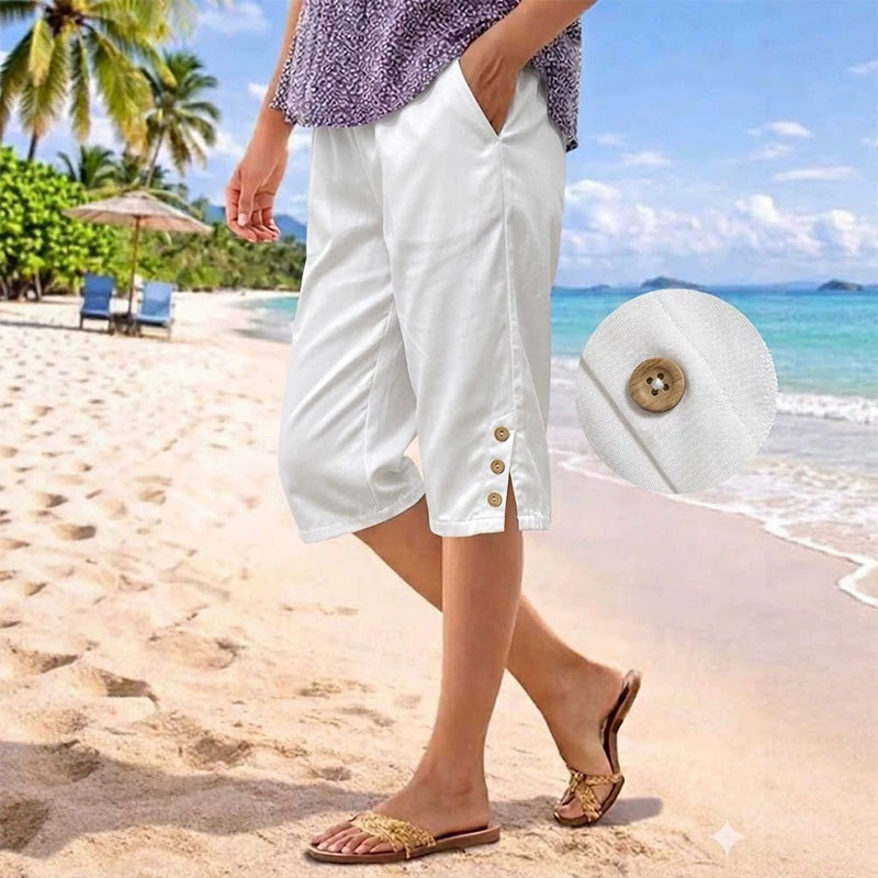 ☀️Pantalon d'été 3/4 pour femme avec détails boutonnés✨Frais, confortable et avec des poches vraiment pratiques