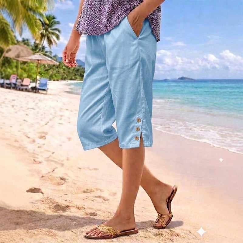 ☀️Pantalon d'été 3/4 pour femme avec détails boutonnés✨Frais, confortable et avec des poches vraiment pratiques