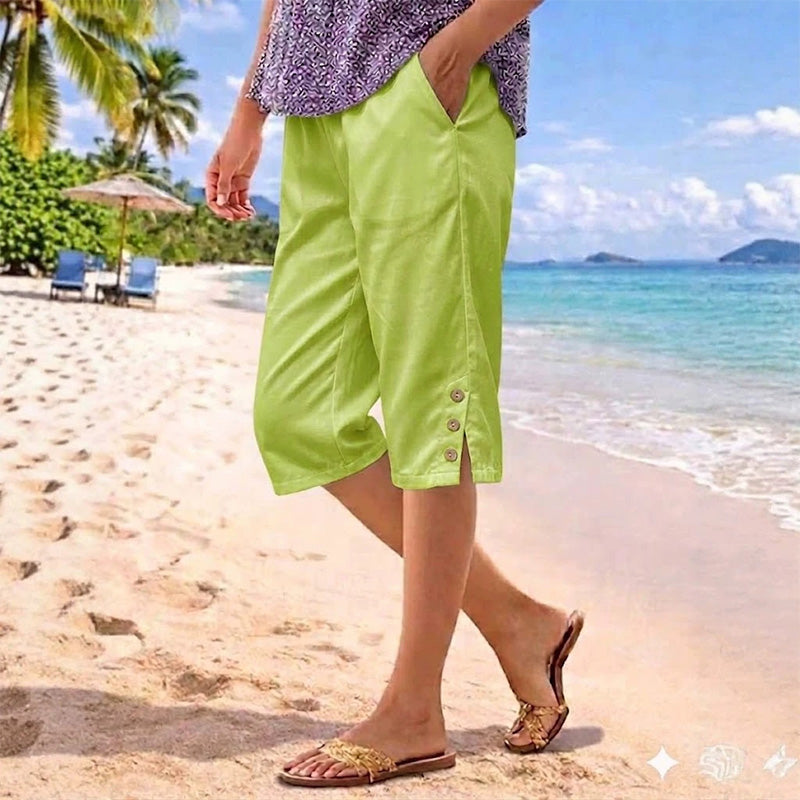 ☀️Pantalon d'été 3/4 pour femme avec détails boutonnés✨Frais, confortable et avec des poches vraiment pratiques