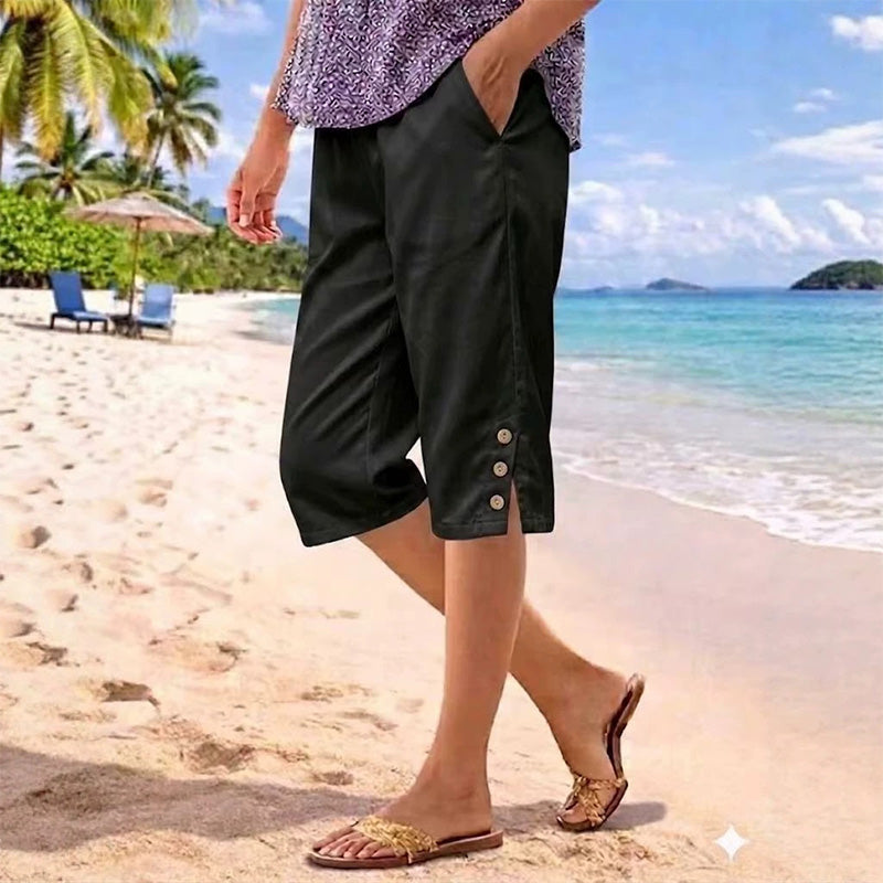 ☀️Pantalon d'été 3/4 pour femme avec détails boutonnés✨Frais, confortable et avec des poches vraiment pratiques