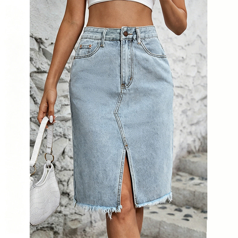📊 Déjà plus de 100.000 vendus ! Jupe en jean taille haute pour femme avec fente sur le devant