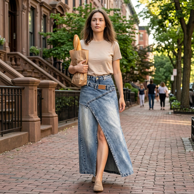❌ Encore aujourd'hui au prix promo – demain plein tarif ! Damen Denim-Maxirock mit mehrlagiger Taille