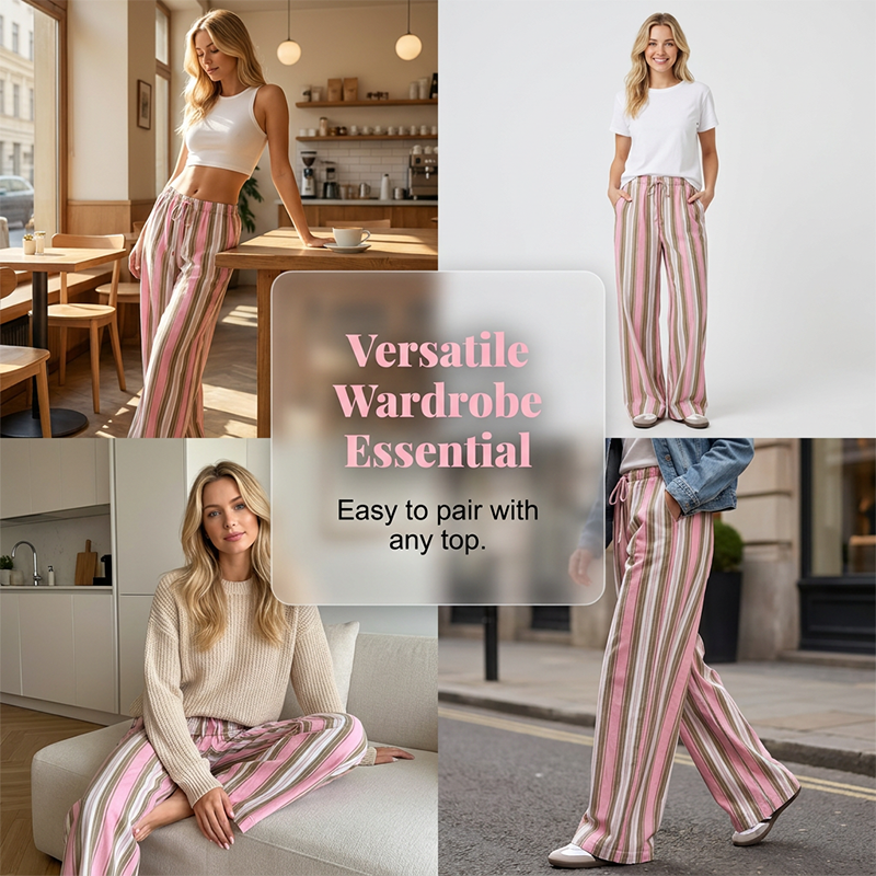 Pantalon rayé à jambes larges et cordon de serrage pour femme