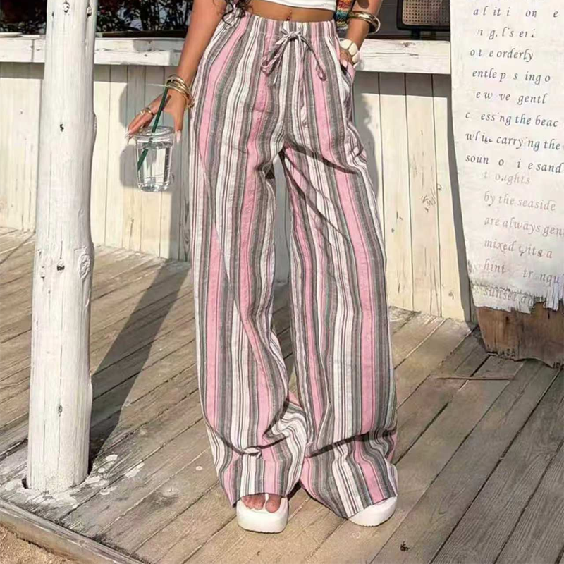Pantalon rayé à jambes larges et cordon de serrage pour femme