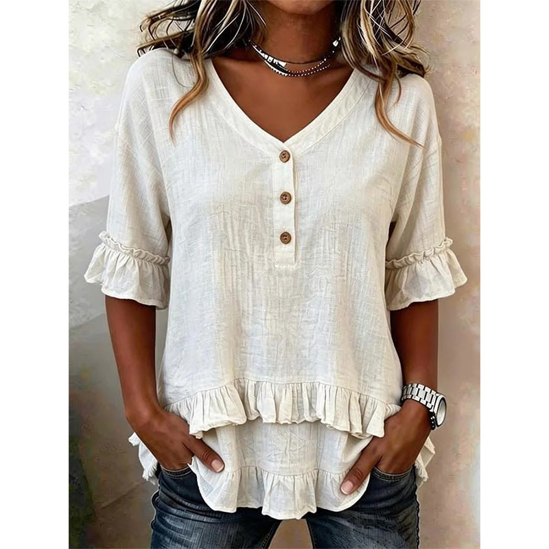 ⏰OFFRE TEMPORAIRE LIMITÉE🌸 Top à volants col V | Tissu texturé respirant, féminin et flatteur pour la silhouette