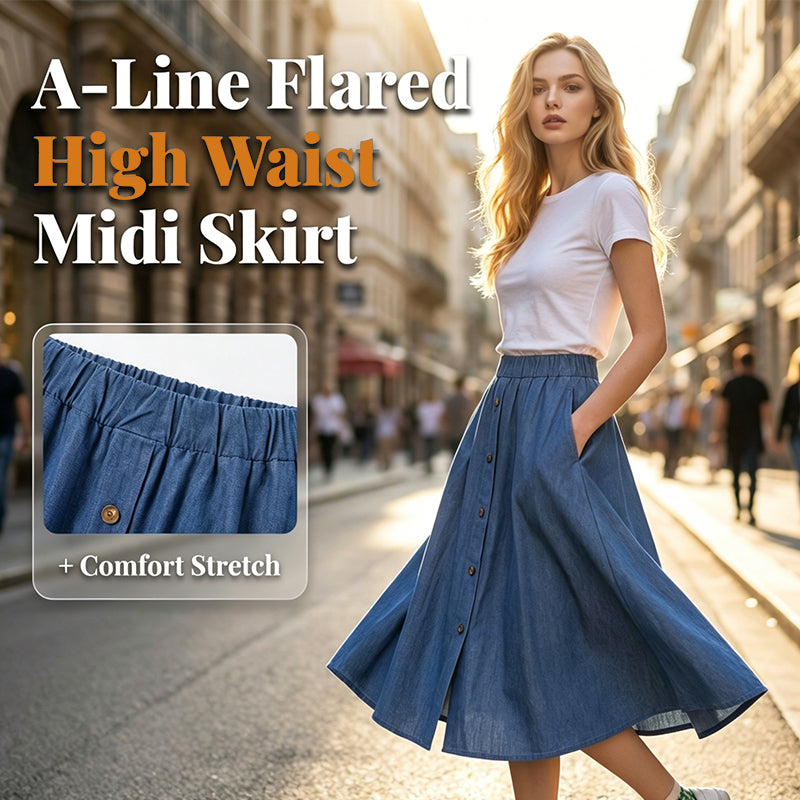 💞 Jupe midi en denim stretch taille haute pour femme, avec poches et plis fluides