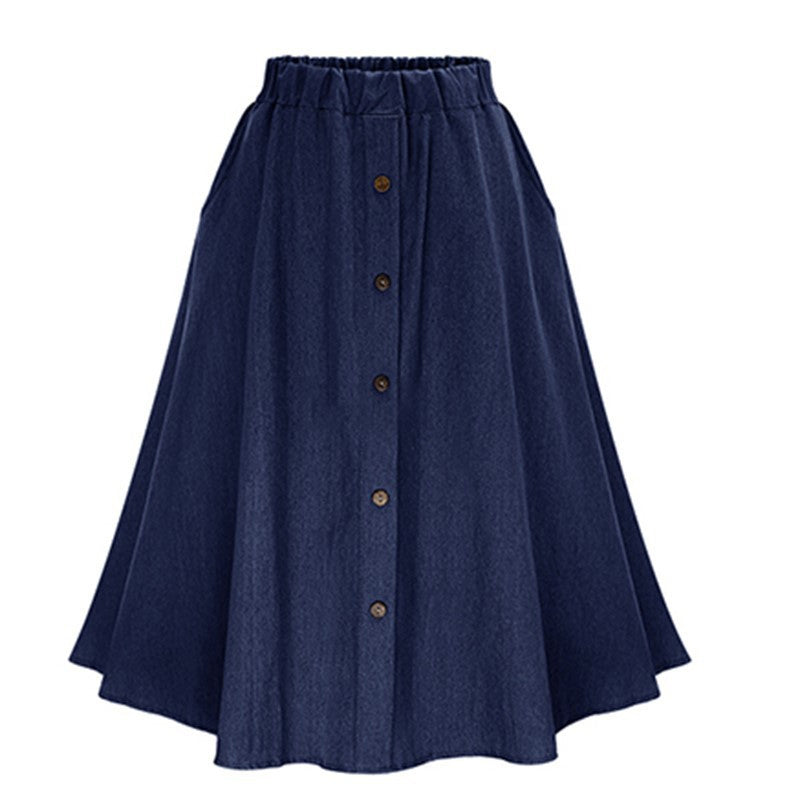 💞 Jupe midi en denim stretch taille haute pour femme, avec poches et plis fluides