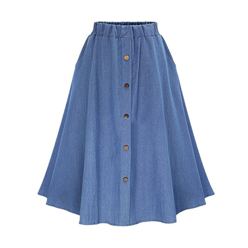 💞 Jupe midi en denim stretch taille haute pour femme, avec poches et plis fluides