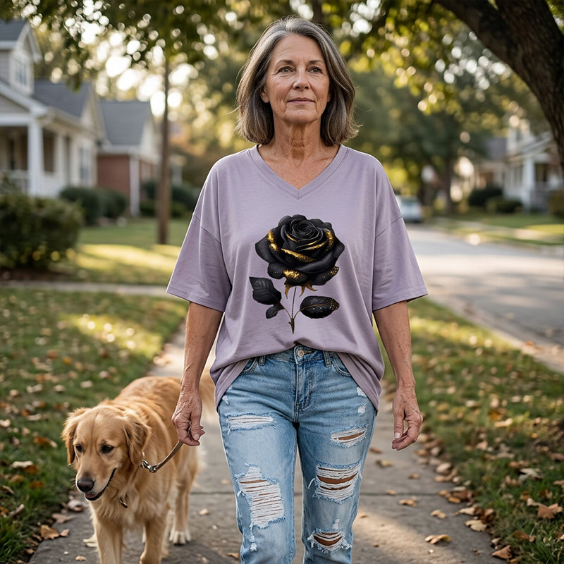 📊 Déjà plus de 100.000 vendus ! T-shirt à col en V imprimé roses pour femmes grandes taillesC