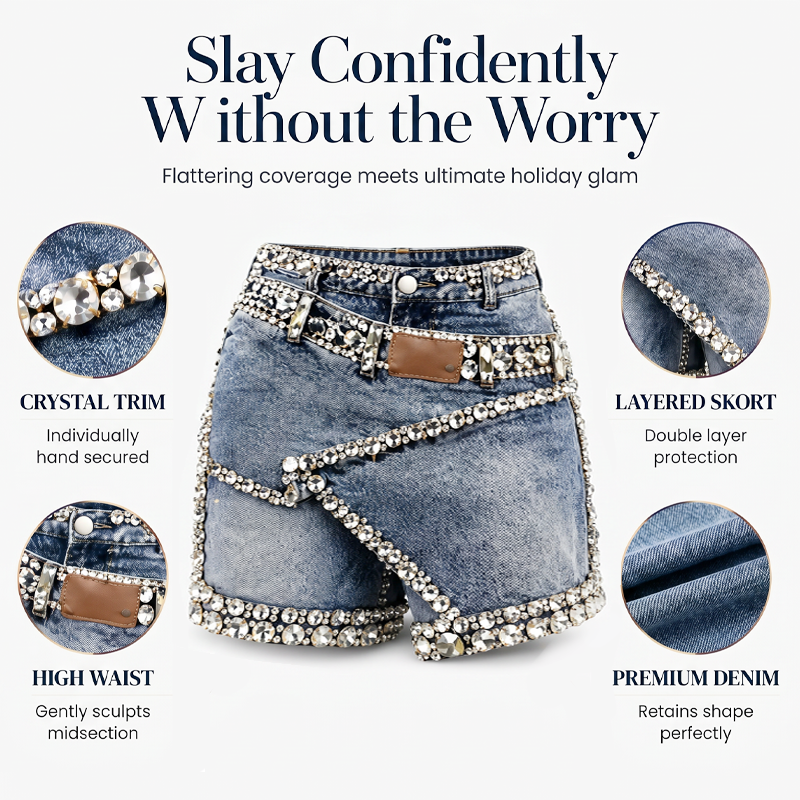 🔥-60%👖 Jupe-short en Jean Femme à Strass – Taille Haute Design Asymétrique