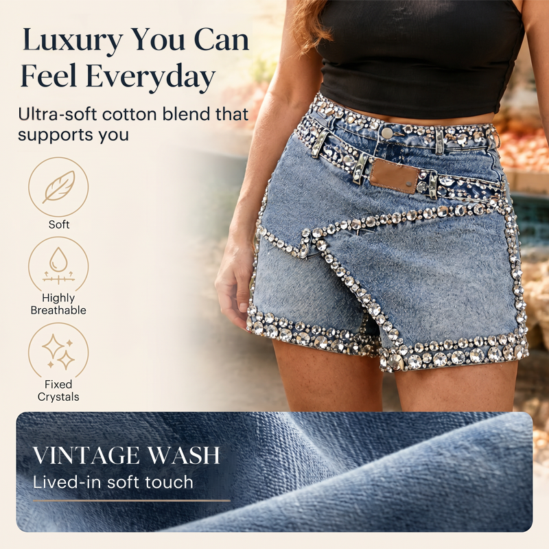 🔥-60%👖 Jupe-short en Jean Femme à Strass – Taille Haute Design Asymétrique