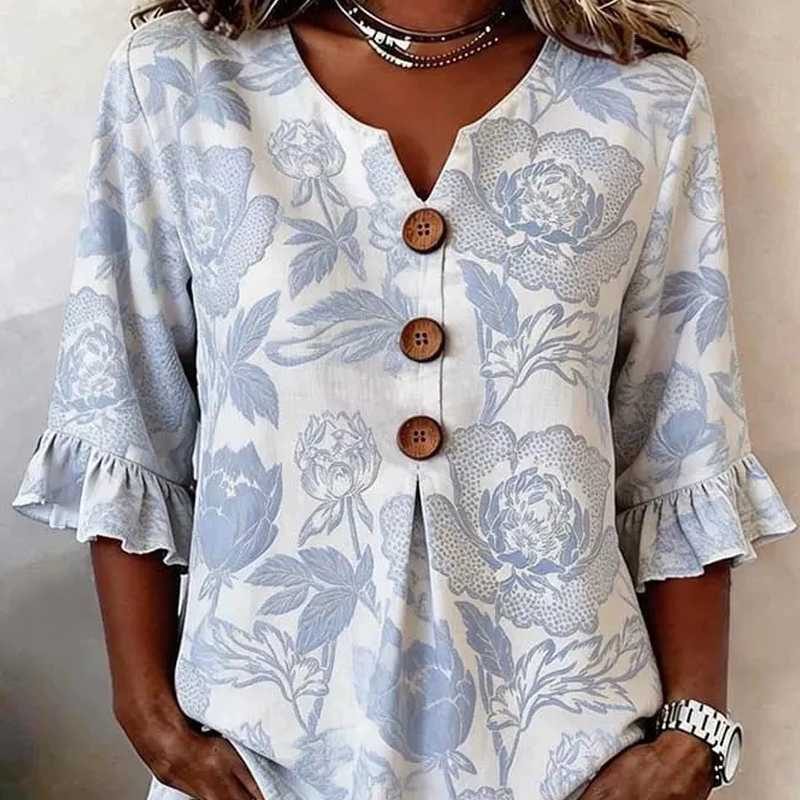 ⌛ Offre valable jusqu'à épuisement des stocks – ensuite prix normal ! Top d'été pour femme, à motif floral et manches à volants.