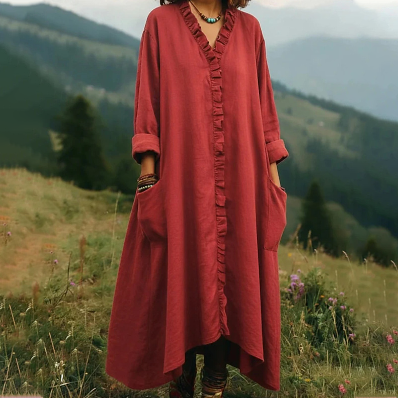 👗 🌸Robe maxi ample à col en V et volants – coupe fluide, volants romantiques et polyvalente – parfaite pour les journées chaudes, la plage et les occasions spéciales.