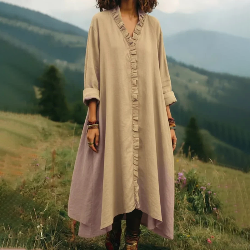 👗 🌸Robe maxi ample à col en V et volants – coupe fluide, volants romantiques et polyvalente – parfaite pour les journées chaudes, la plage et les occasions spéciales.
