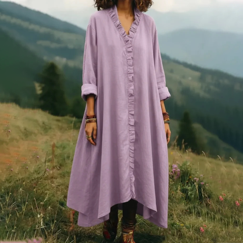 👗 🌸Robe maxi ample à col en V et volants – coupe fluide, volants romantiques et polyvalente – parfaite pour les journées chaudes, la plage et les occasions spéciales.