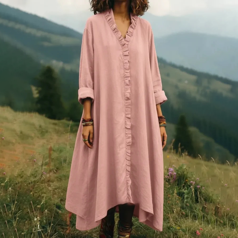 👗 🌸Robe maxi ample à col en V et volants – coupe fluide, volants romantiques et polyvalente – parfaite pour les journées chaudes, la plage et les occasions spéciales.
