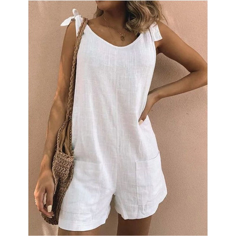 🔥-50%👗 Combinaison Short Femme Sans Manches – Bretelles à Noeud et Coupe Ample Confortable🍃🤍parfaite pour vacances, plage et sorties estivales