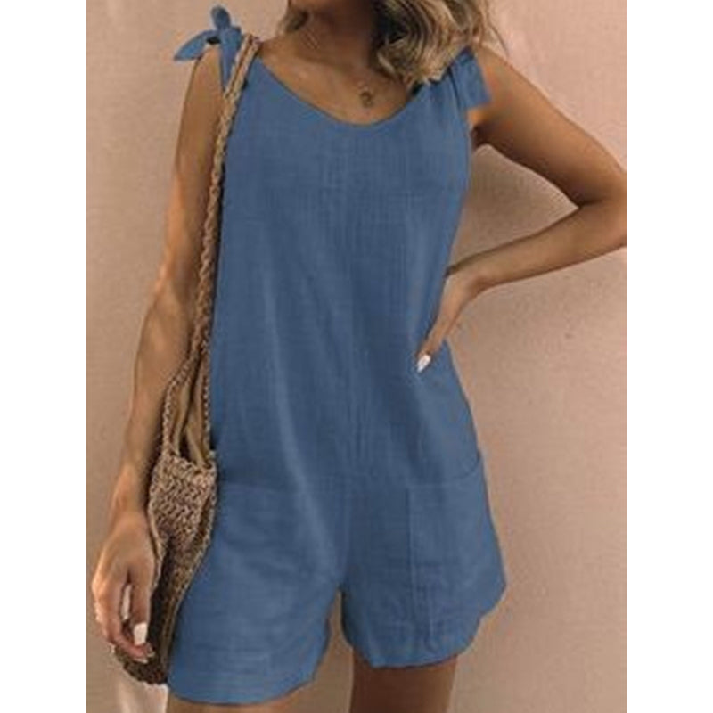 🔥-50%👗 Combinaison Short Femme Sans Manches – Bretelles à Noeud et Coupe Ample Confortable🍃🤍parfaite pour vacances, plage et sorties estivales