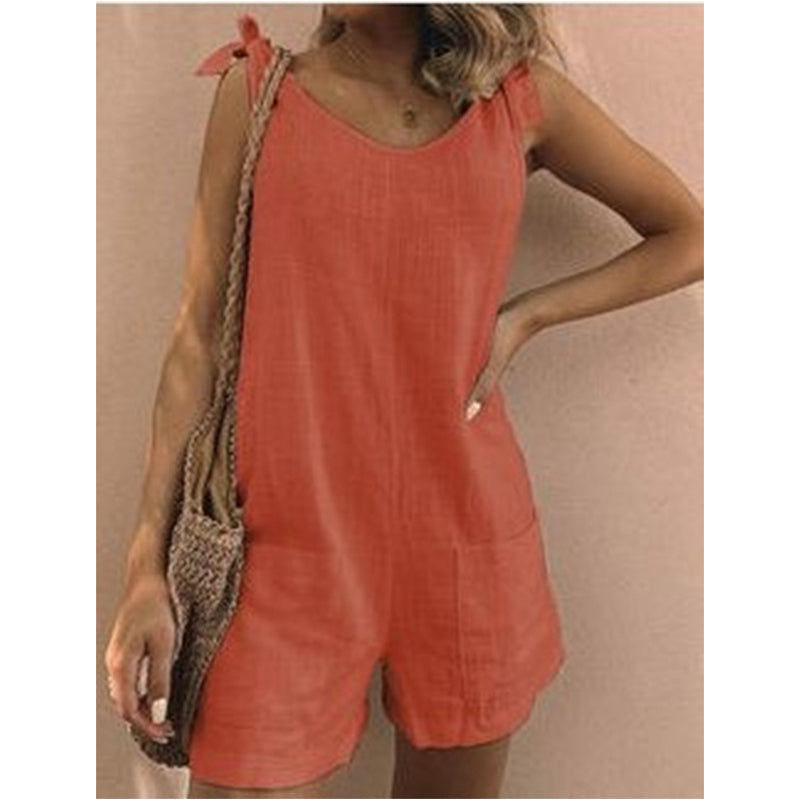 🔥-50%👗 Combinaison Short Femme Sans Manches – Bretelles à Noeud et Coupe Ample Confortable🍃🤍parfaite pour vacances, plage et sorties estivales
