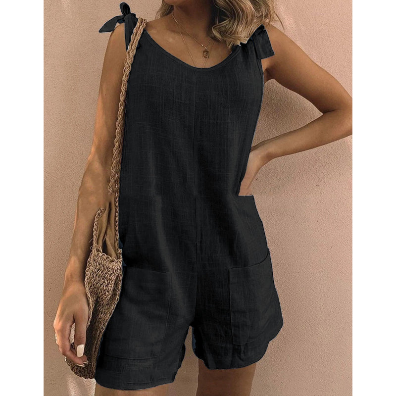 🔥-50%👗 Combinaison Short Femme Sans Manches – Bretelles à Noeud et Coupe Ample Confortable🍃🤍parfaite pour vacances, plage et sorties estivales