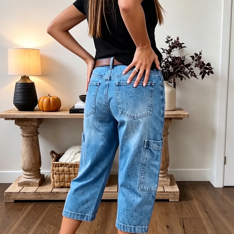 📢👖 PROMO FLASH 52% ! Pantalon Jean Court Extensible Femme – Coupe Barrel Décontractée, Taille Mi-Haute, Poches Multiples, 2 Coloris, Tailles S-3XL, Idéal Quotidien ✨