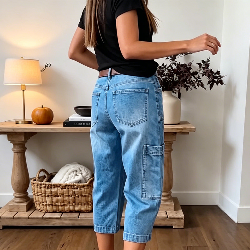 📢👖 PROMO FLASH 52% ! Pantalon Jean Court Extensible Femme – Coupe Barrel Décontractée, Taille Mi-Haute, Poches Multiples, 2 Coloris, Tailles S-3XL, Idéal Quotidien ✨