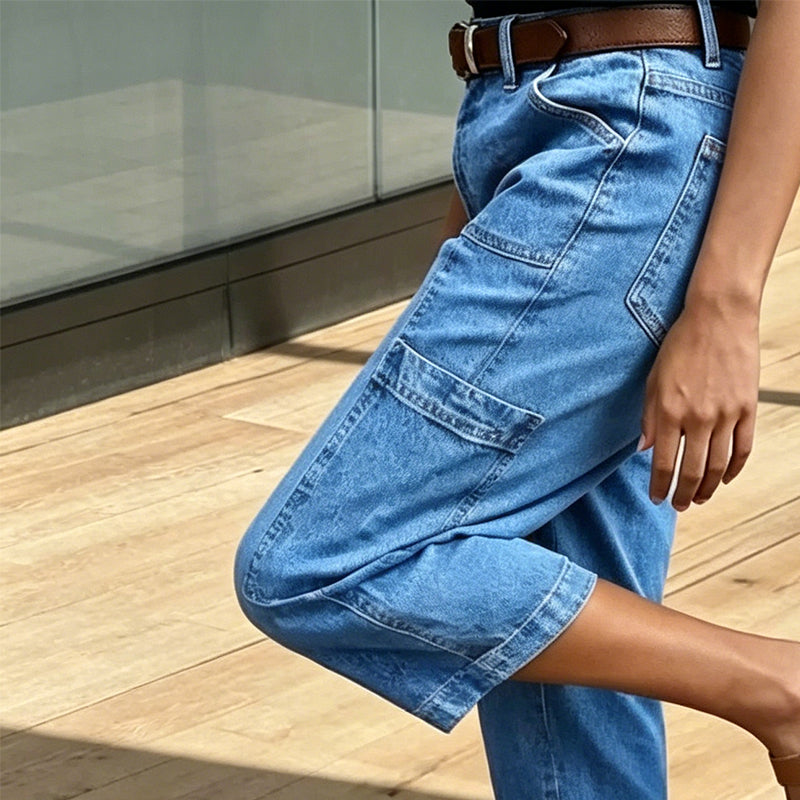 📢👖 PROMO FLASH 52% ! Pantalon Jean Court Extensible Femme – Coupe Barrel Décontractée, Taille Mi-Haute, Poches Multiples, 2 Coloris, Tailles S-3XL, Idéal Quotidien ✨