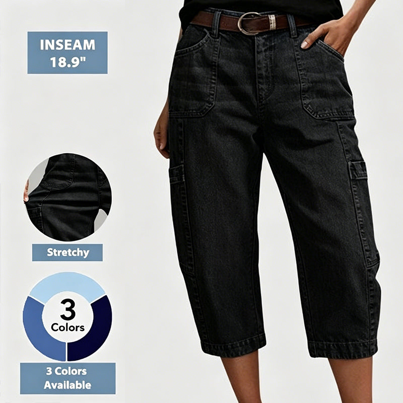 📢👖 PROMO FLASH 52% ! Pantalon Jean Court Extensible Femme – Coupe Barrel Décontractée, Taille Mi-Haute, Poches Multiples, 2 Coloris, Tailles S-3XL, Idéal Quotidien ✨