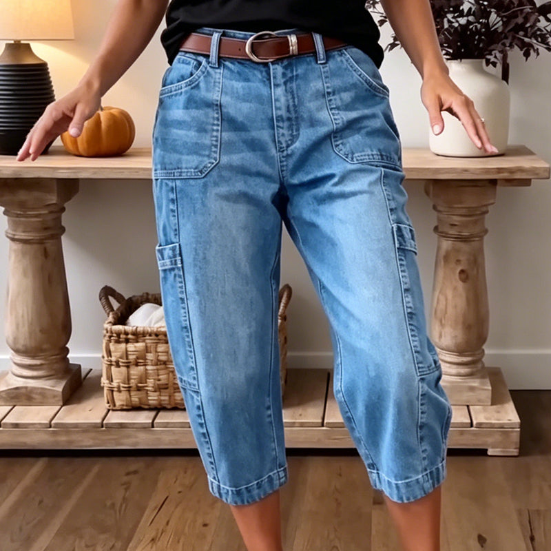📢👖 PROMO FLASH 52% ! Pantalon Jean Court Extensible Femme – Coupe Barrel Décontractée, Taille Mi-Haute, Poches Multiples, 2 Coloris, Tailles S-3XL, Idéal Quotidien ✨