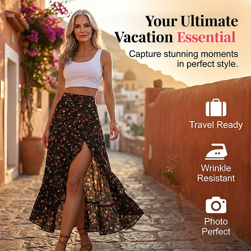 Jupe midi pour femme à motif floral, taille haute, volants et fente, idéale pour les vacances d'été.