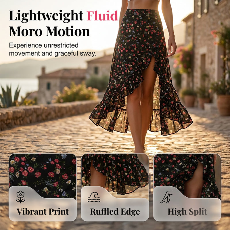 Jupe midi pour femme à motif floral, taille haute, volants et fente, idéale pour les vacances d'été.